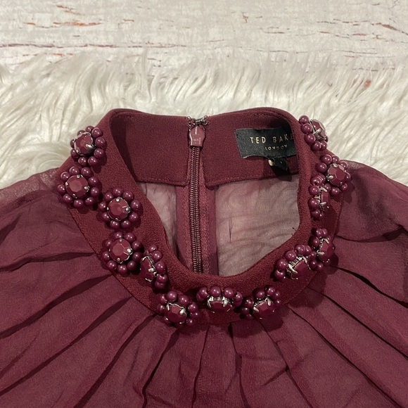 Ted Baker Cacey Embellished Neck Sheer Long Sleeve Maroon Sheath Dress - Picture 11 of 11